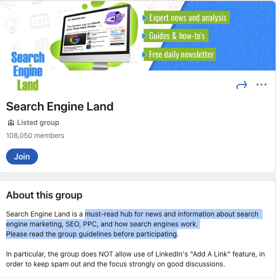 Search Engine Land, LinkedIn Group Example