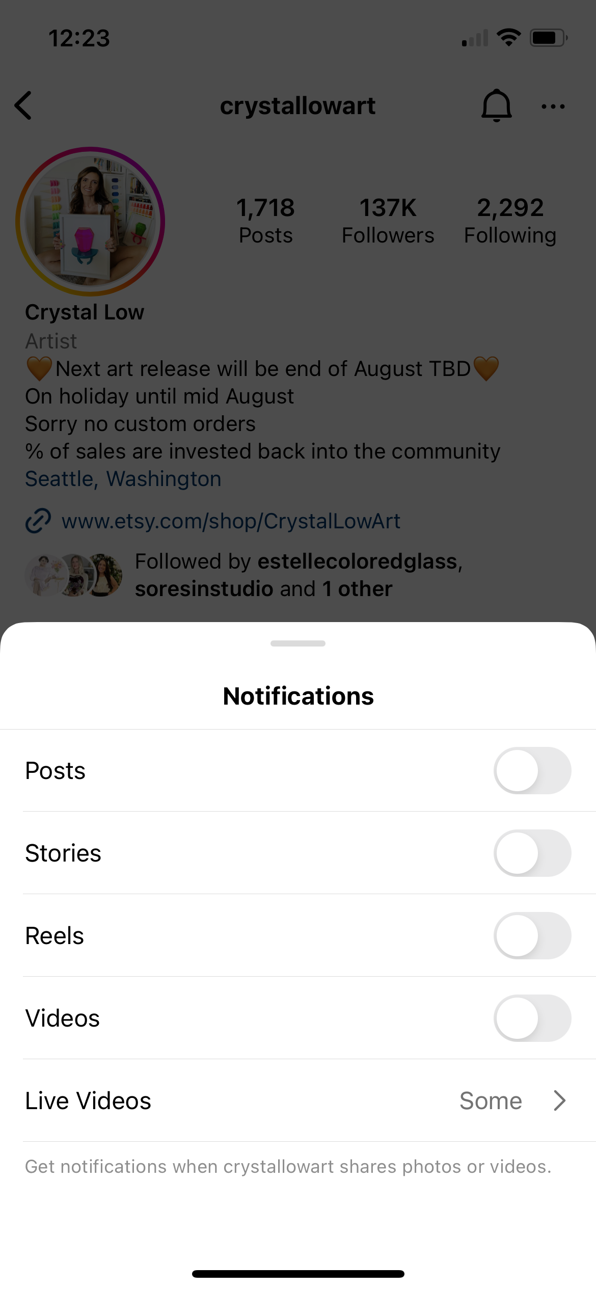 A screenshot showing how to turn notifications for a specific Instagram account on