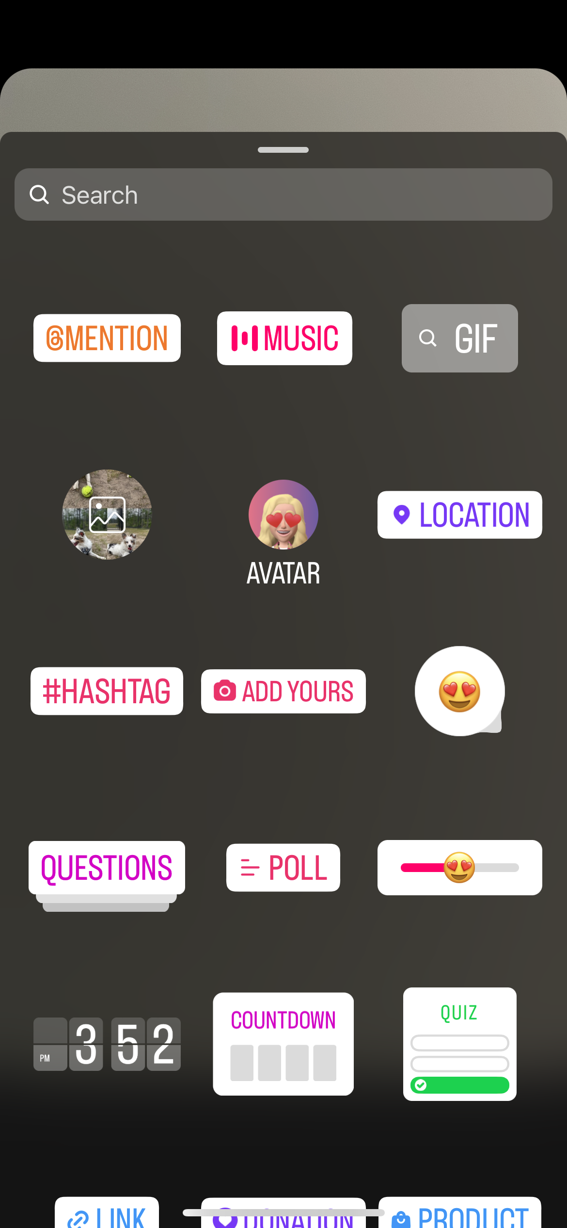 A screenshot of the stickers menu in Instagram stories