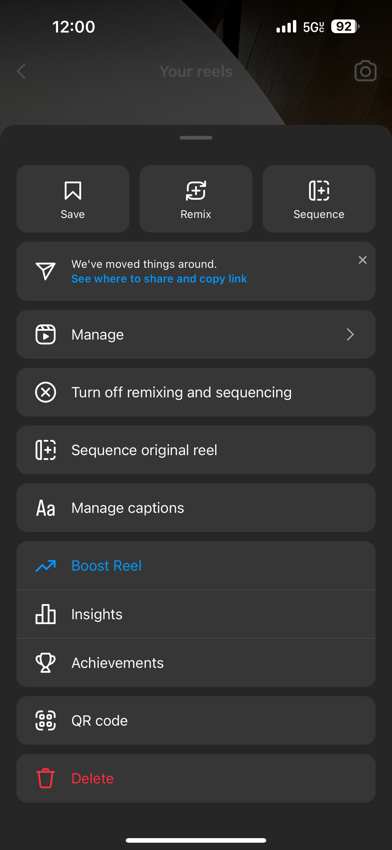 A screenshot of the menu that appears when an Instagram user clicks the kebab menu that displays next to a Reel once posted. This is how users navigate to the Insights tool for a specific Reel. 