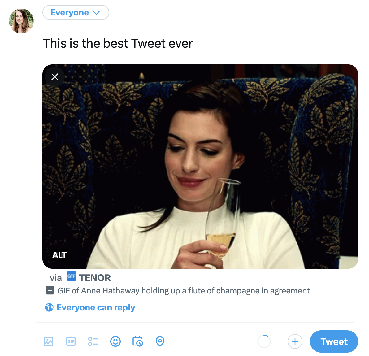 A Tweet with text and a GIF with a description ready to be scheduled