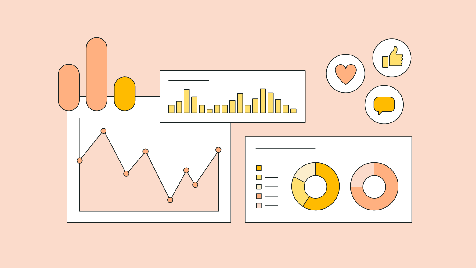 Illustration showing graphs and metrics depicting campaign performance based on social media and website user engagement