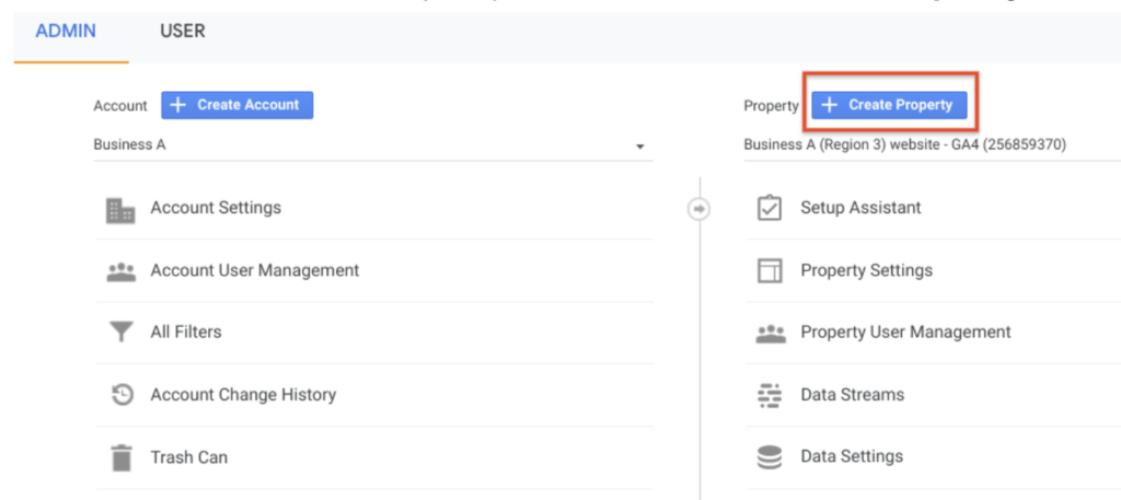 Screesnhot of the new GA4 property from your admin page where you can create a Property