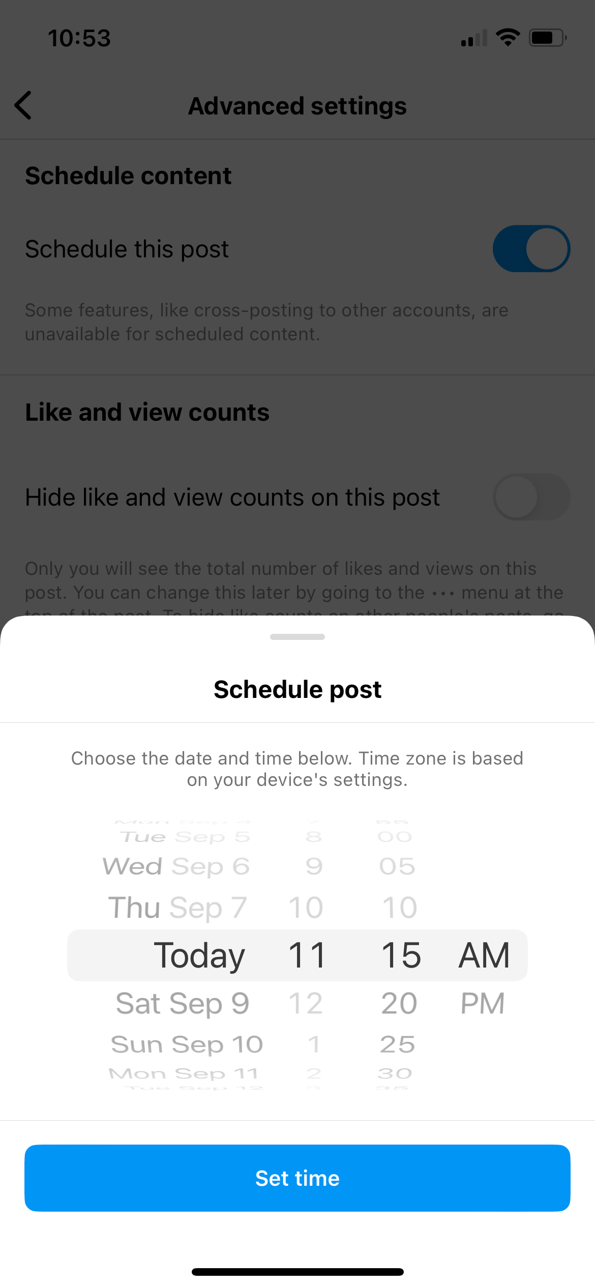 A screenshot showcasing how to schedule an Instagram post