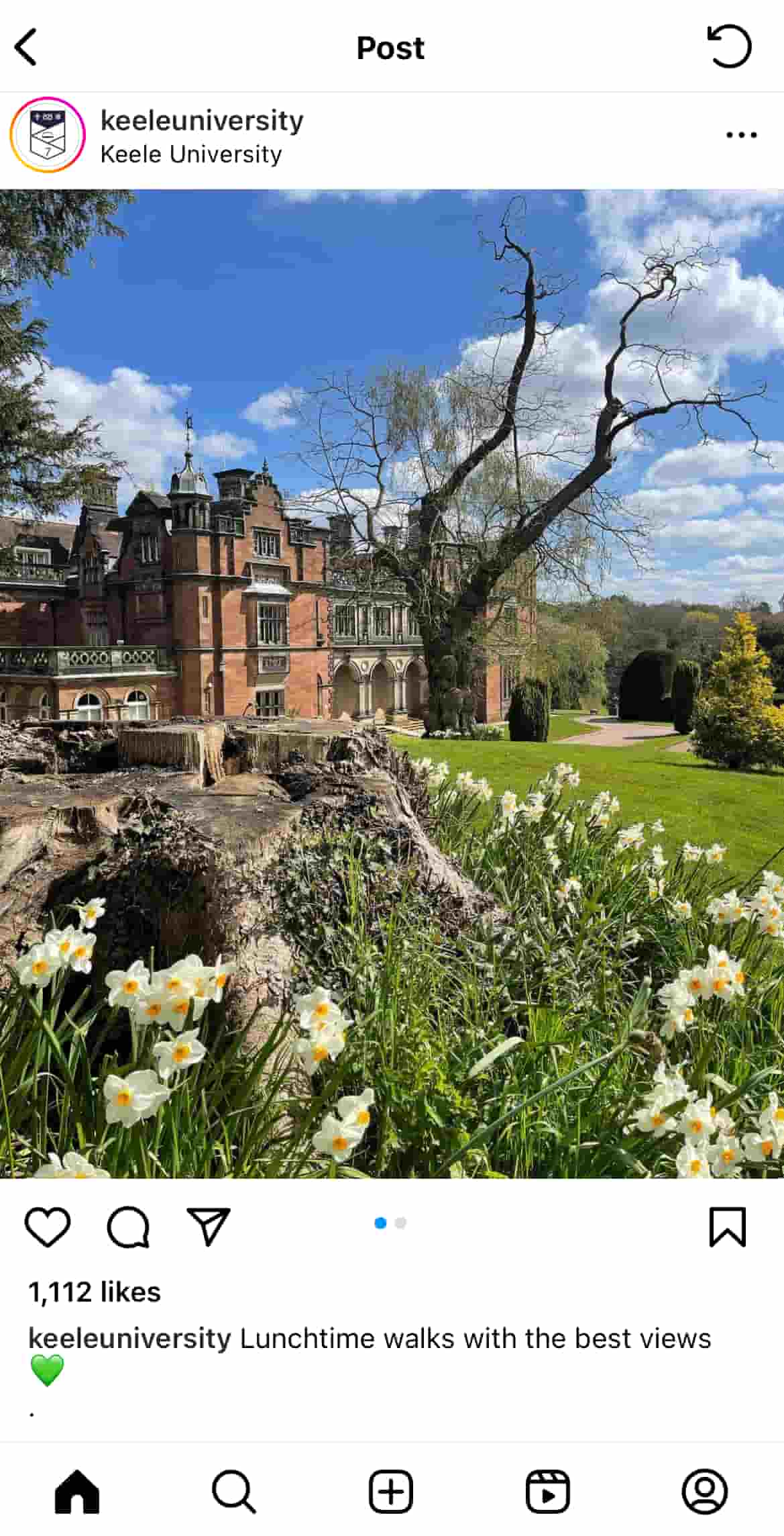 Keele University Instagram post featuring a picturesque photo of campus. 