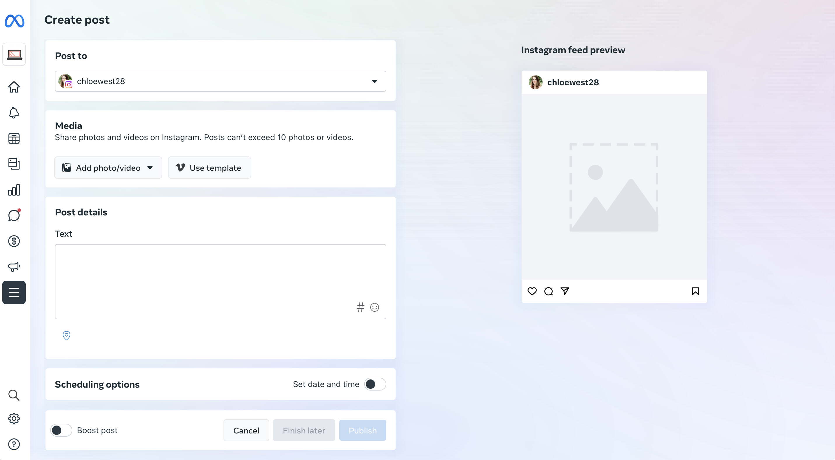 A screenshot showing how to create and schedule an Instagram post in Meta Business Suite