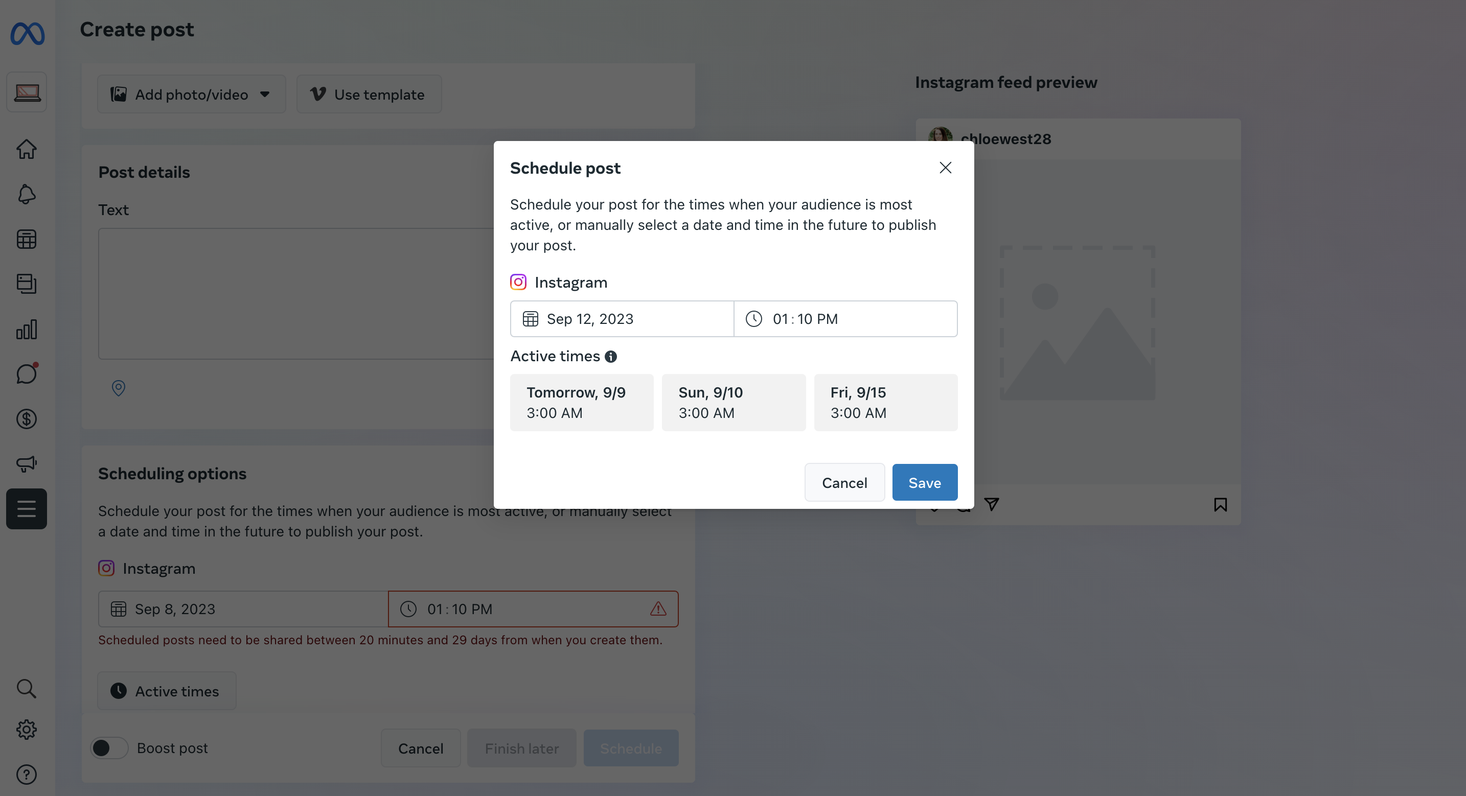 A screenshot showing how to schedule Instagram posts in Meta Business Suite