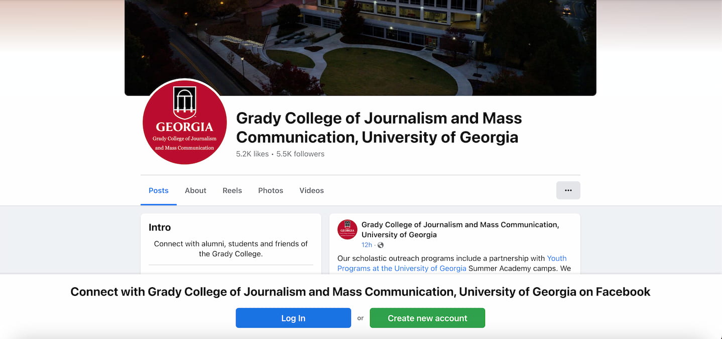 University of Georgia's Facebook page for Grady College of Journalism and Mass Communication. 