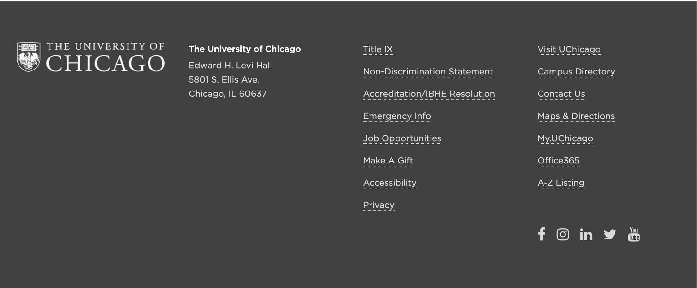 The University of Chicago's website navigation featuring social media links and other relevant pages. 