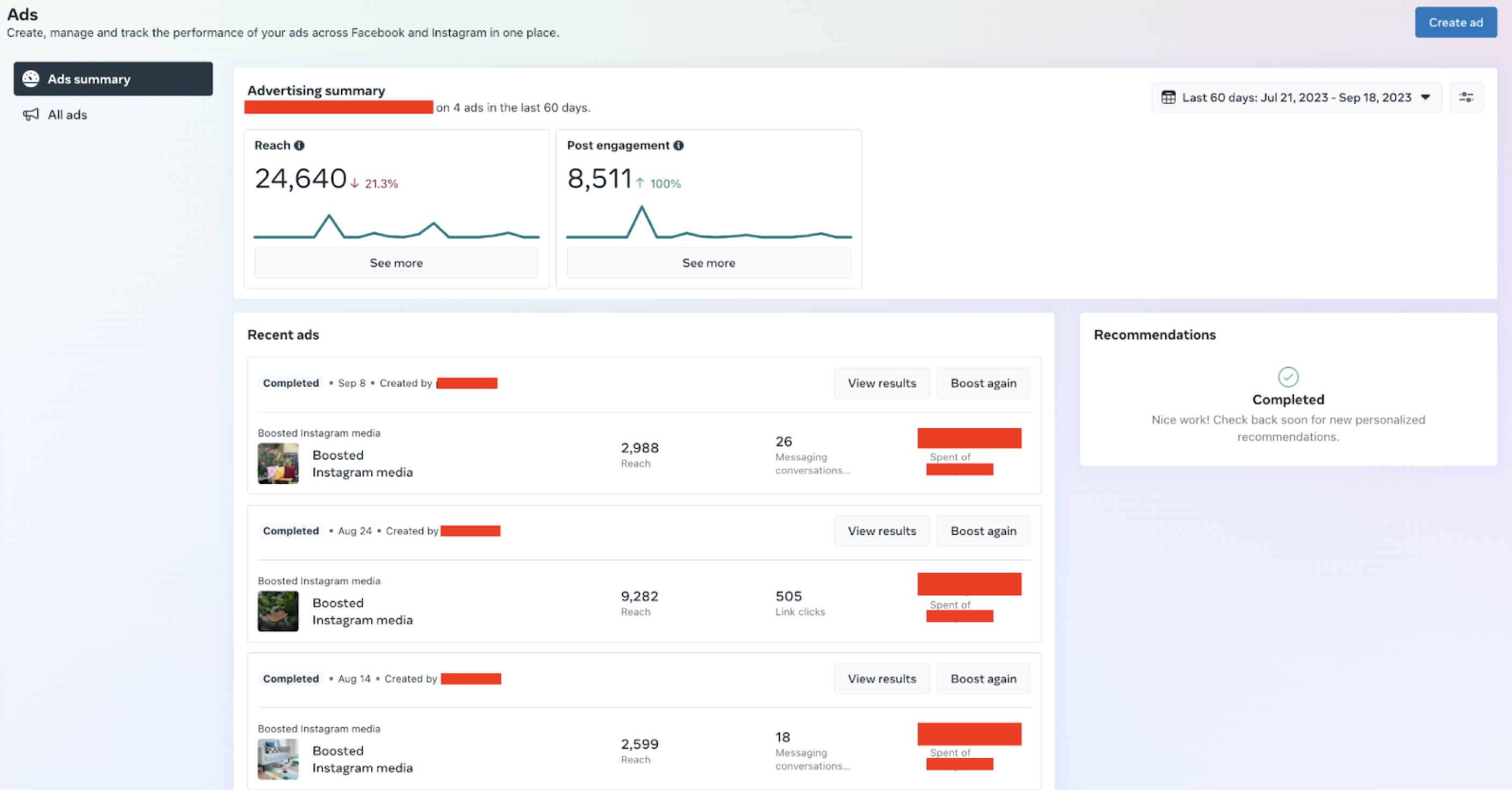 Ads Summary in Creator Studio. The image shows the advertising summary data such as reach and post engagement and shows the data for three recent ads. 