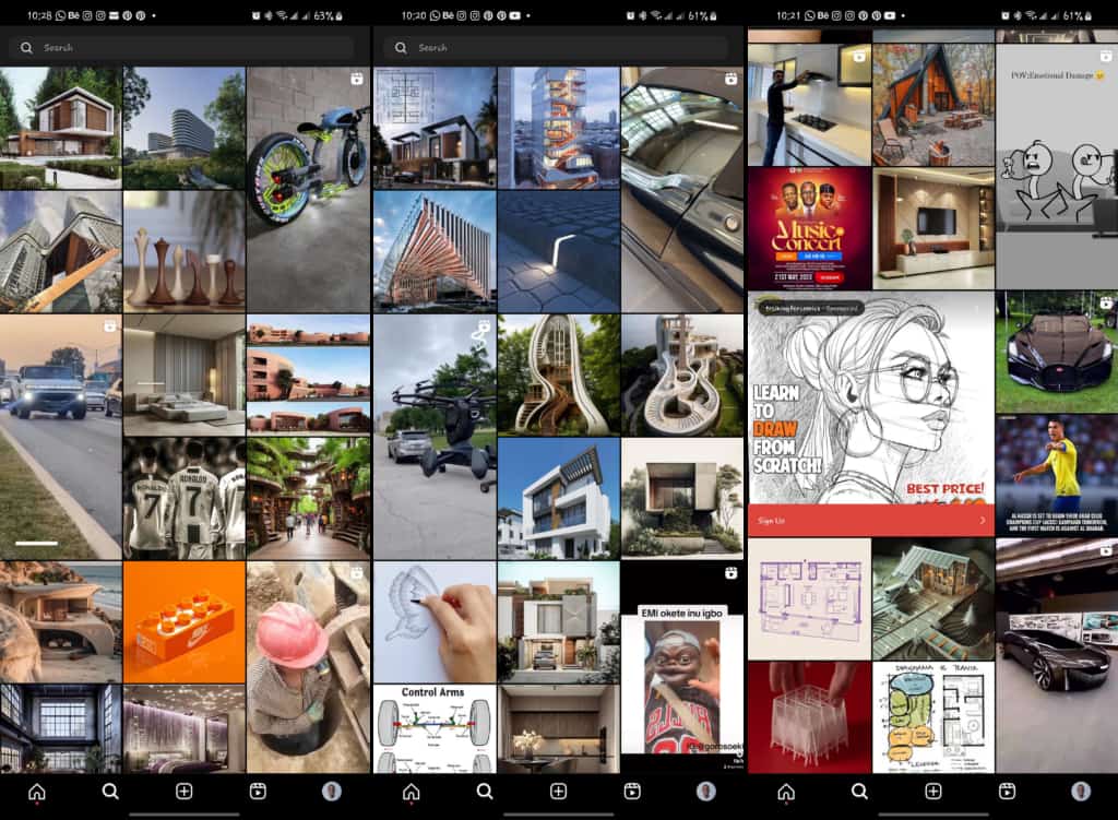 Screenshot of three different Instagram Explore feeds placed side-by-side.