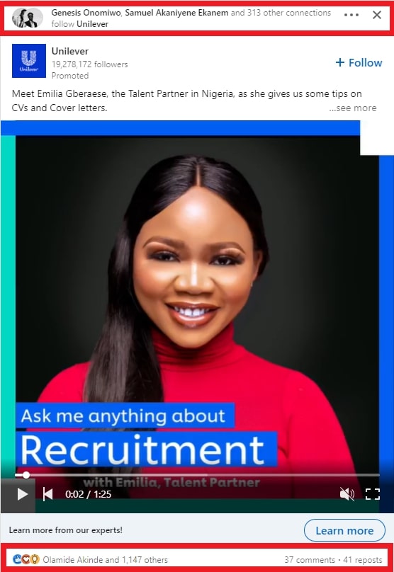 Screenshot of a LinkedIn post that is recommended to a user because many 1st-degree connections follow the page.