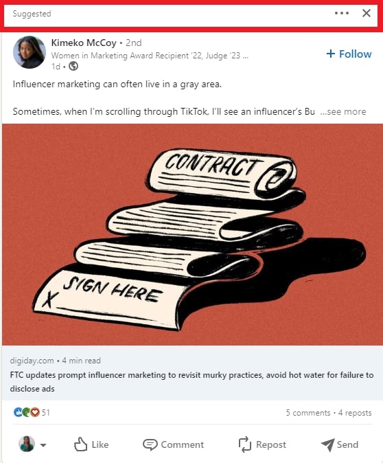 Screenshot of a LinkedIn post that is suggested to a user.