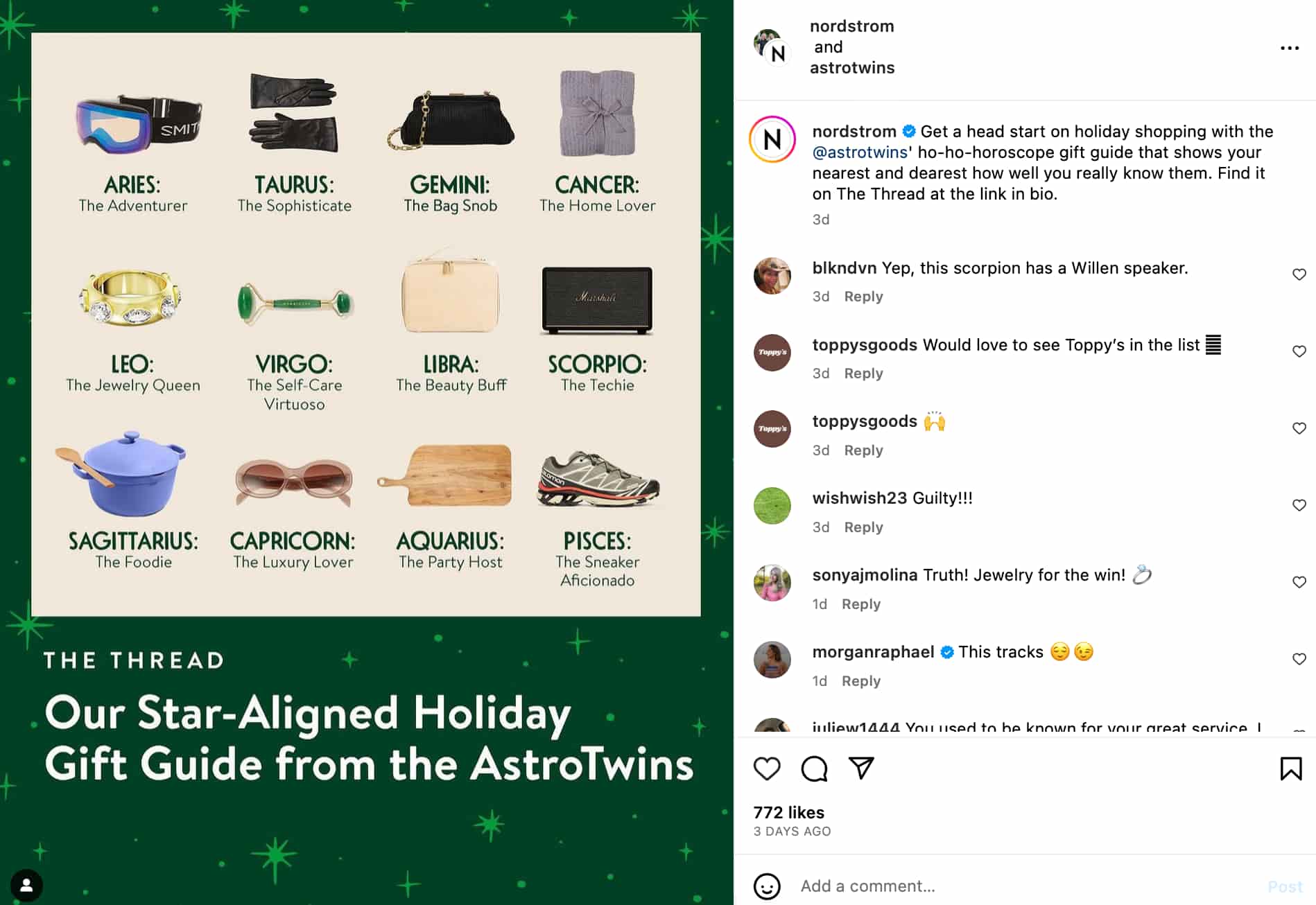 Image of an Instagram post by Nordstrom showing a gift guide with different gift recommendations based on zodiac sign.