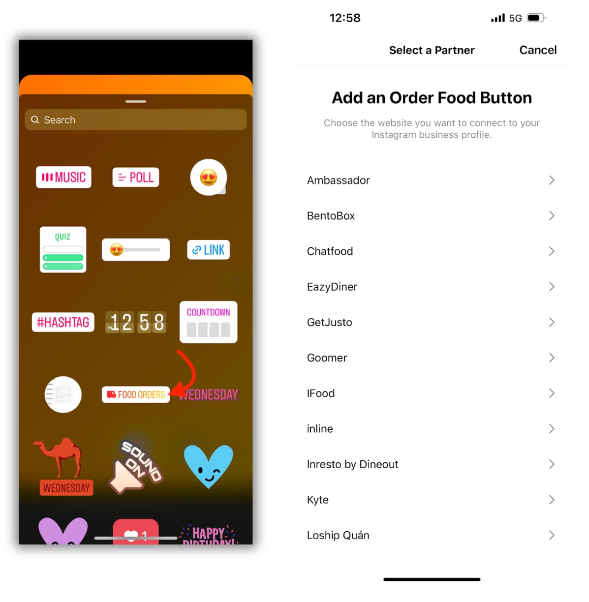 Side-by-side images of an Instagram Stories sticker tray with arrow pointing to the "order food" button and a list of providers on the right.