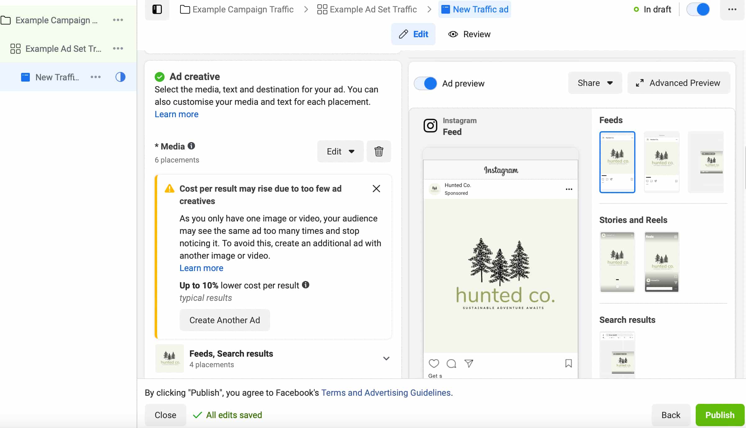 Image showcasing Meta Ads Manager with an ad preview on the right panel and an ad creative edit window on the left panel.