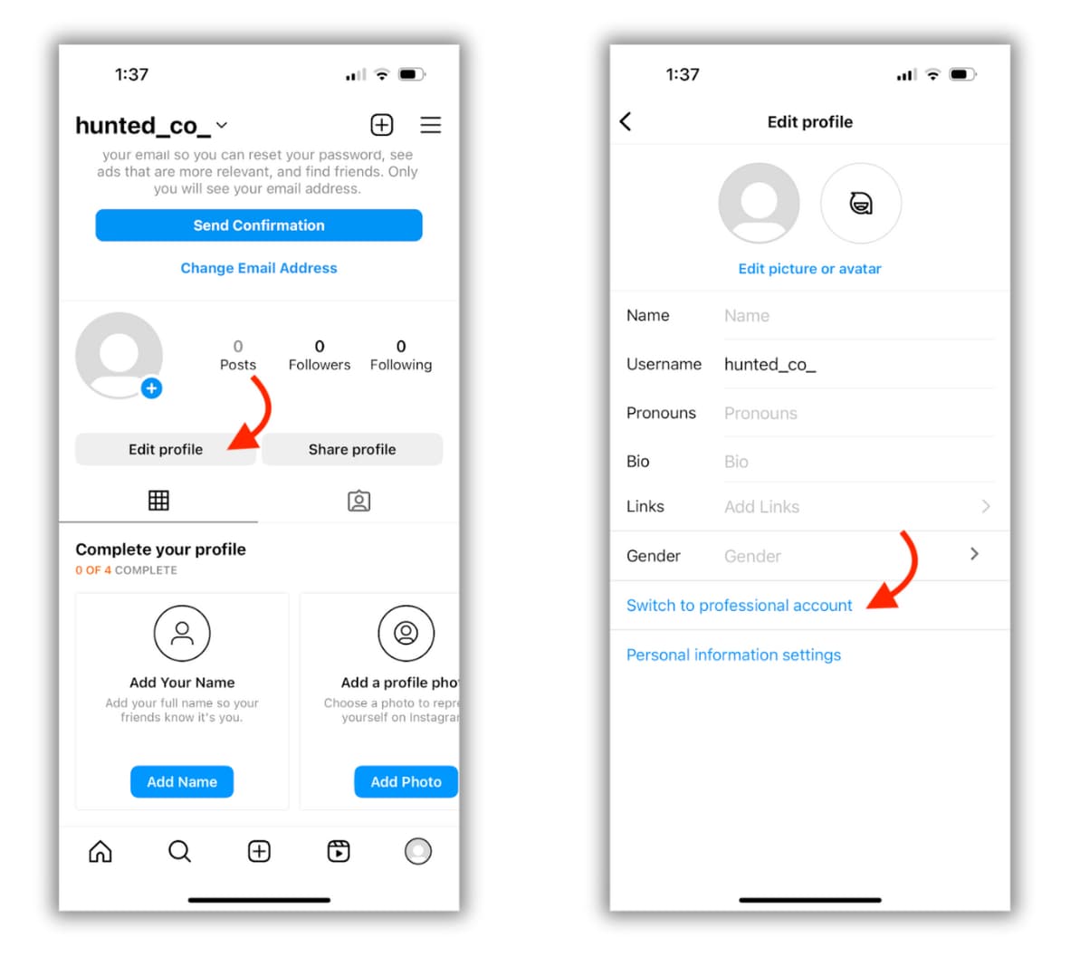 Side-by-side images of an Instagram profile with arrow pointing to "edit profile" button and the edit profile page with arrow pointing to "switch to professional account" button.