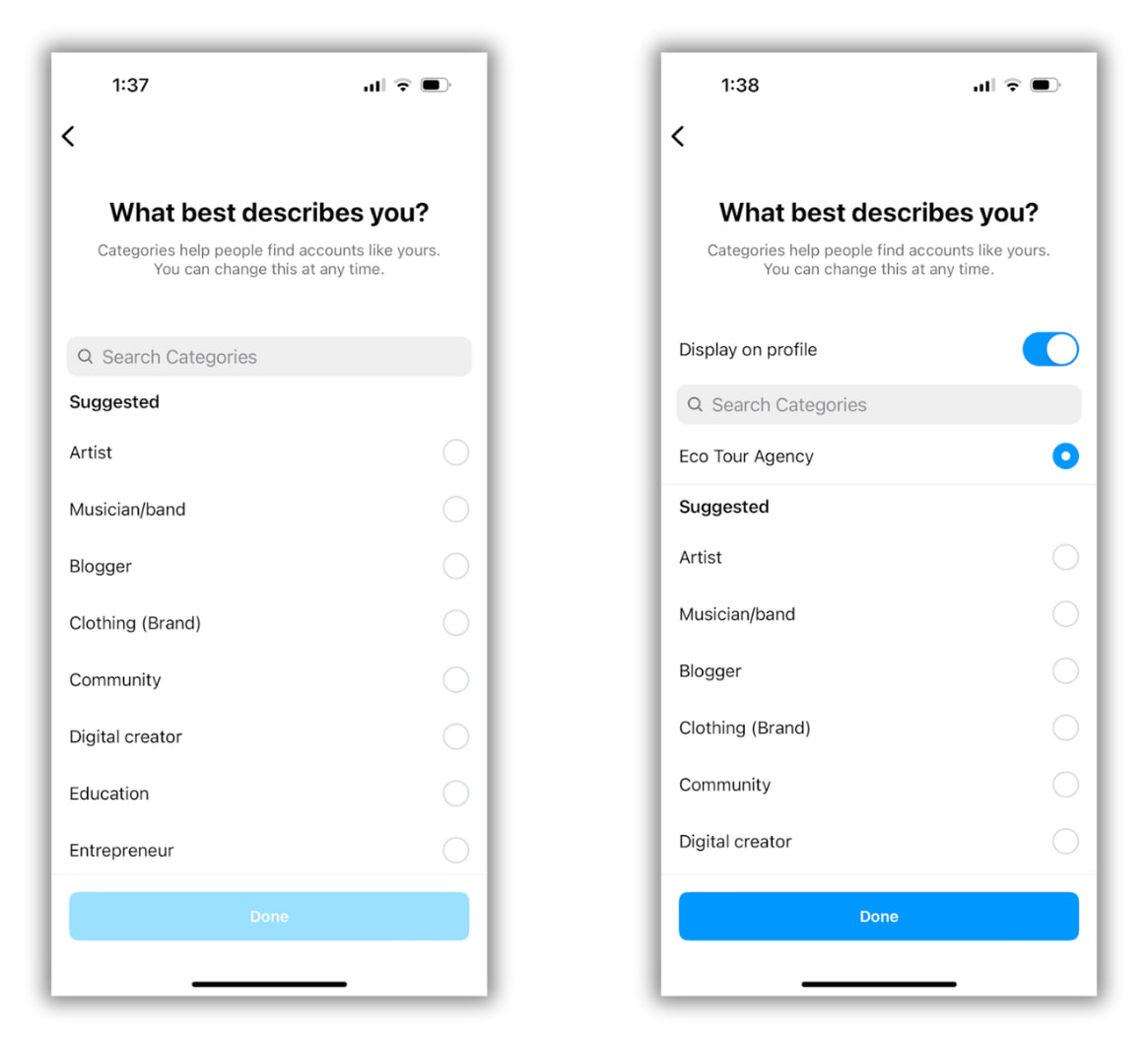 Side-by-side images of an Instagram business account setup window with a question asking "What best describes you?" and a list of category options underneath.