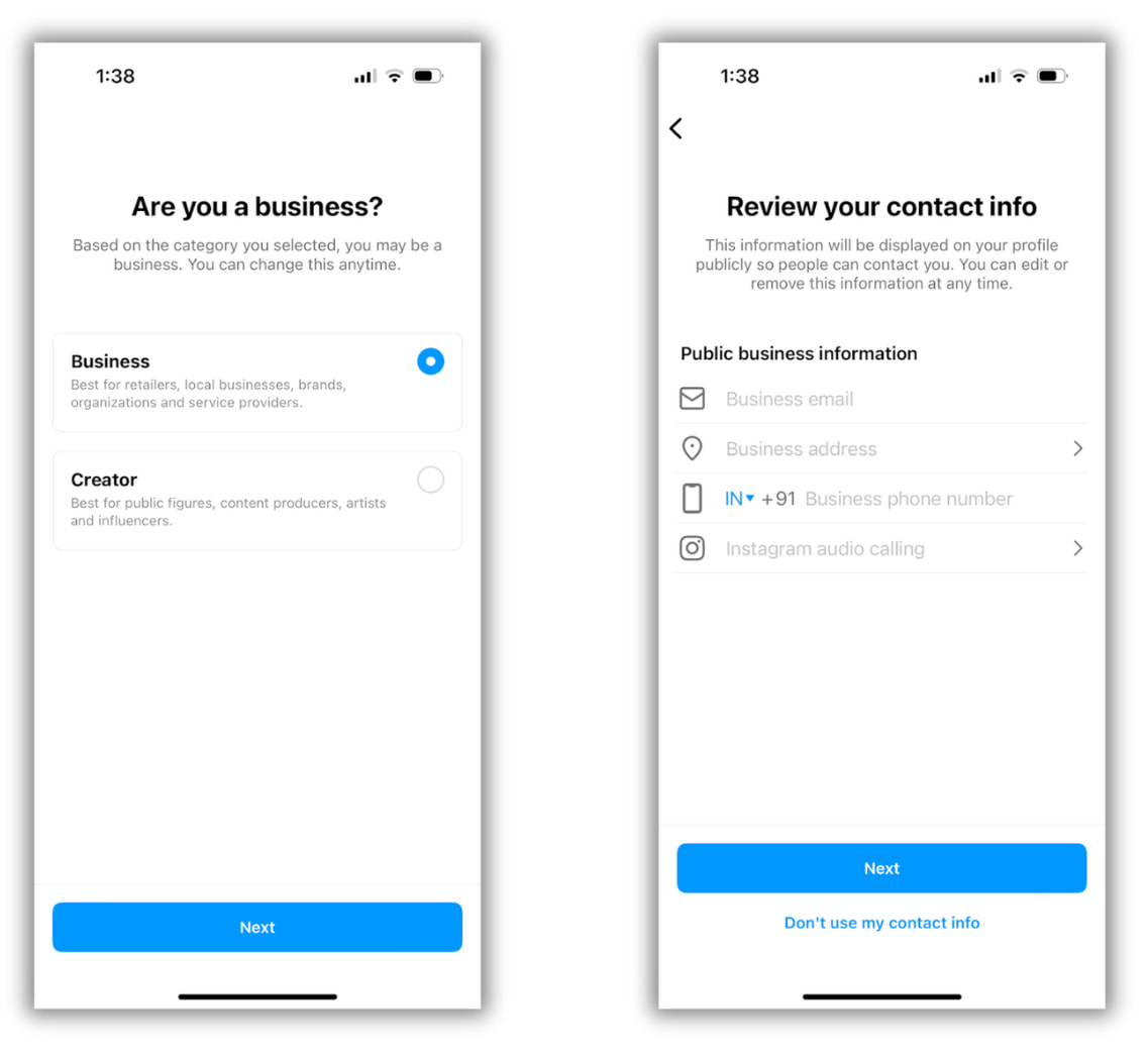 Side-by-side images of setting up an Instagram Business account: One image asking "are you a business?" and two options for "business" and "creator" listed below with the "business" option selected. Another image asks to "review your contact info" and lists fields for public business information.