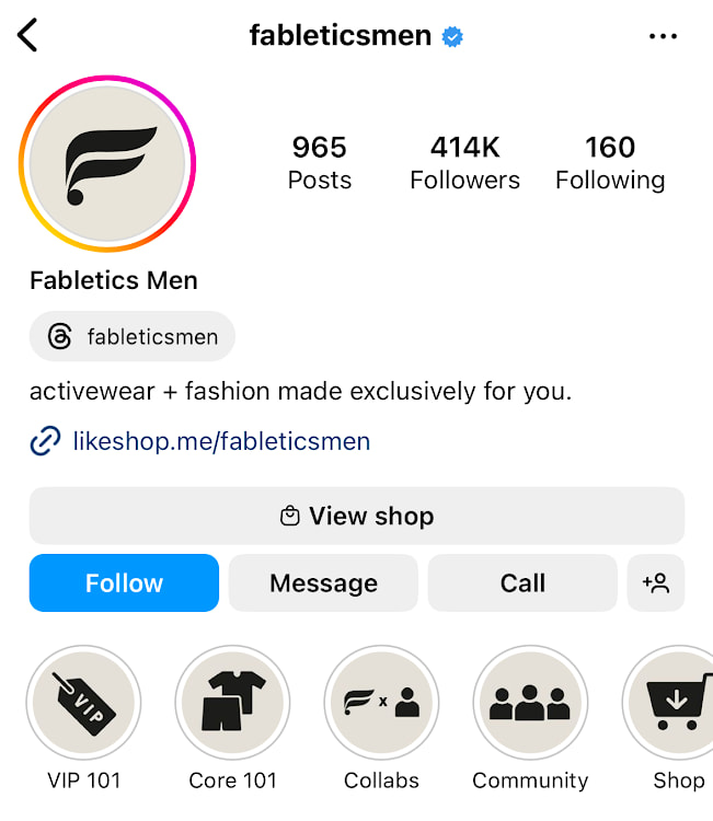 Instagram profile for Fabletics Men with a bio that reads "activewear + fashion made exclusively for you" and Story Highlights categorized into VIP 101, Core 101, Collabs, Community and Shop.