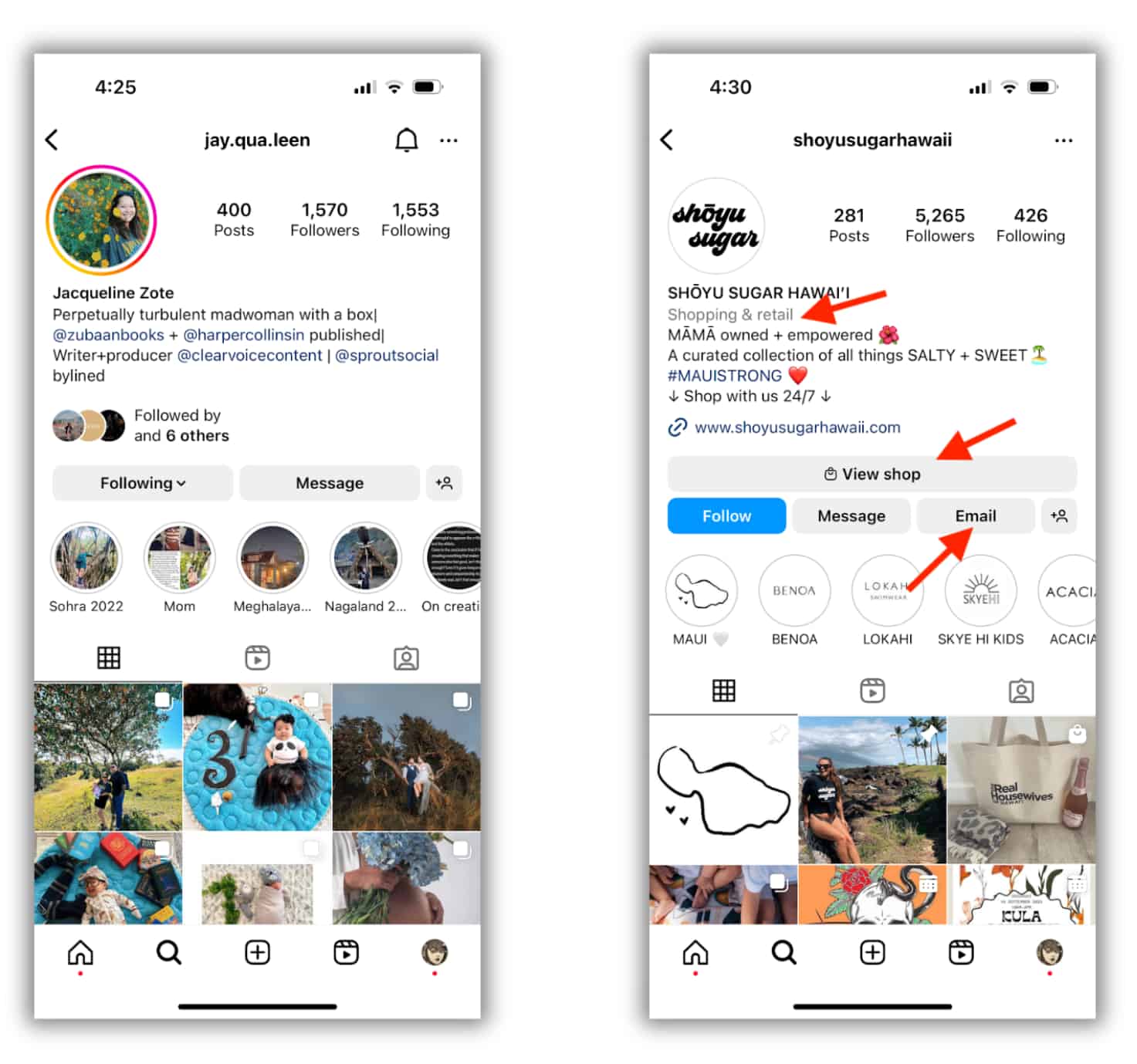 Image showing a side-by-side comparison of a personal Instagram profile and a business profile with arrows pointing to the category information, email button and view shop button for the business profile.