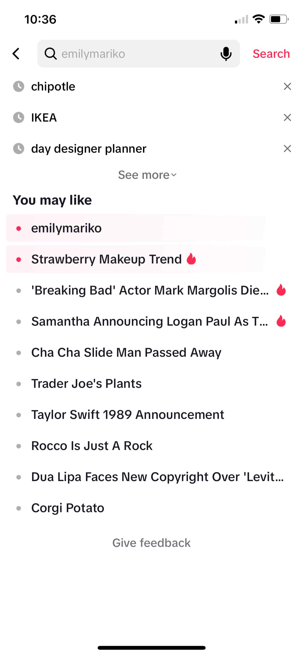 A screenshot of the search screen on the TikTok app