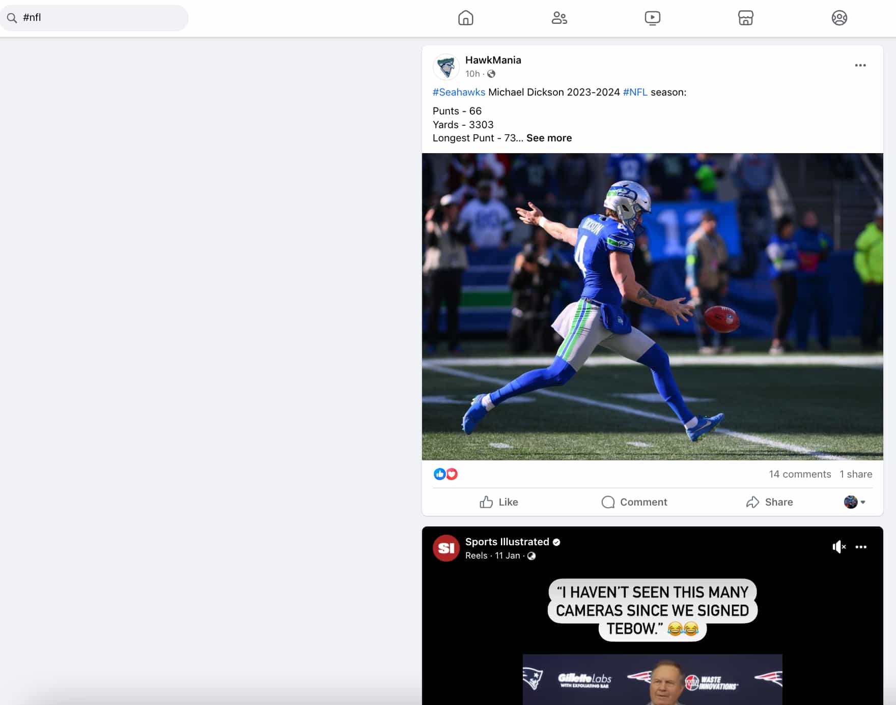 Facebook search result page for #nfl showing a post from HawkMania containing the #nfl hashtag and a Seahawks player in the middle of kicking a ball