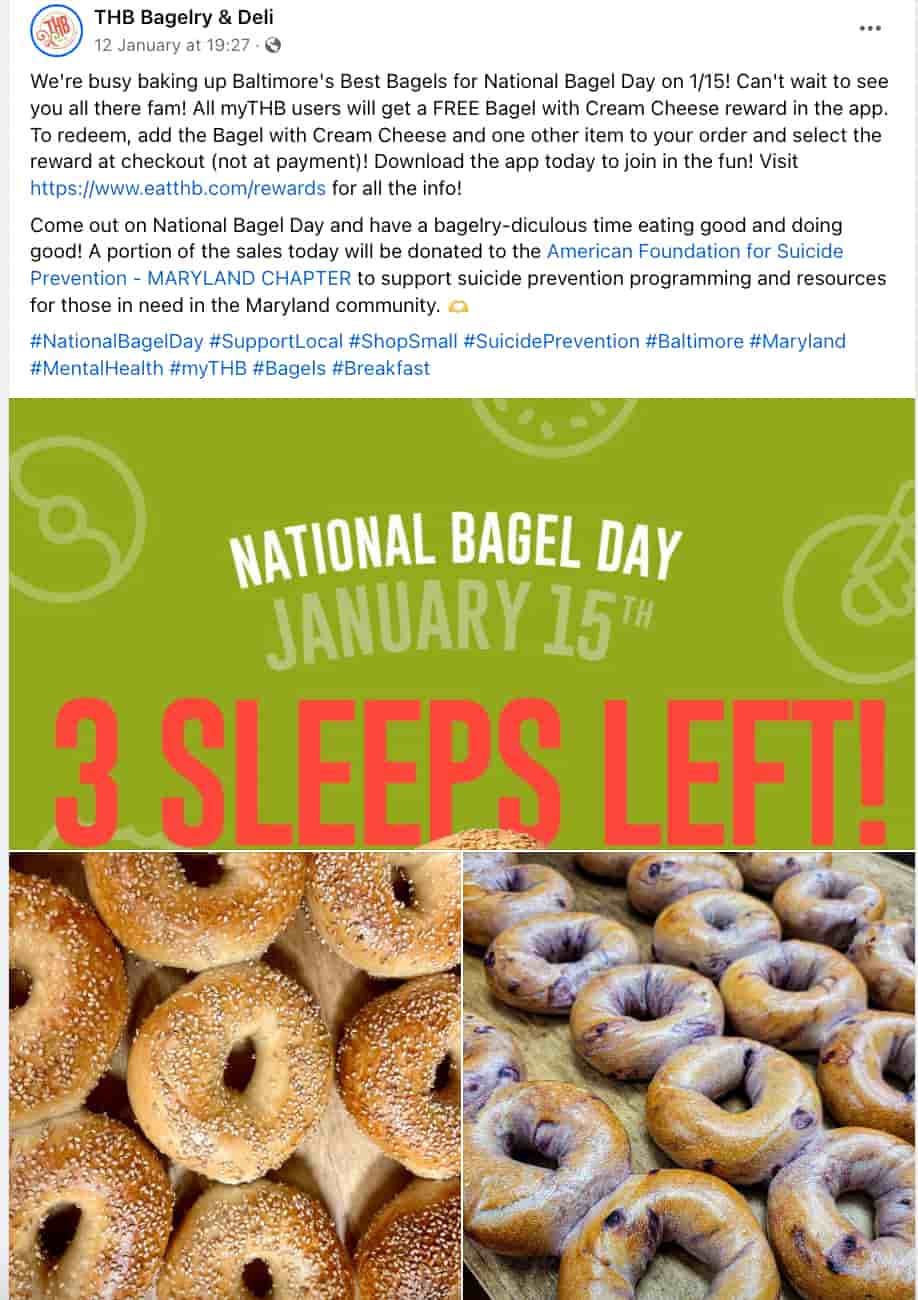 Facebook post from The Bagelry & Deli showing two batches of bagels and a countdown to national bagel day on January 15th with a caption that includes the hashtag #NationalBagelDay