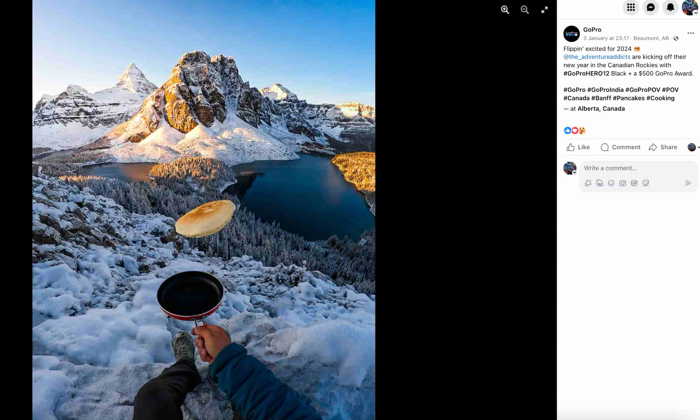GoPro facebook post of a person flipping a pancake against the backdrop of a snowy mountain with a caption that says "Flippin' excited for 2024 @the_adventureaddicts are kicking off their new year in the Canadian Rockies with #GoProHERO12 Black + a $500 GoPro Award"
