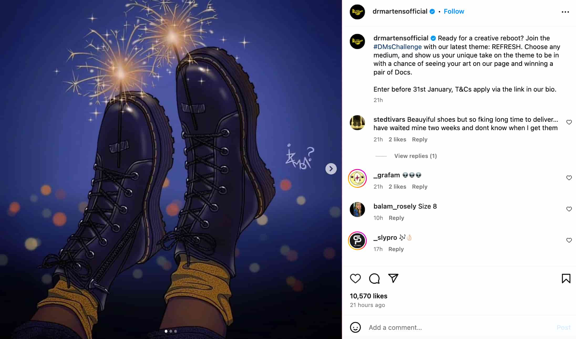 Instagram post of Dr Martens showing an art rendition of the shoes and requesting people to share their designs using the hashtag #DMsChallenge