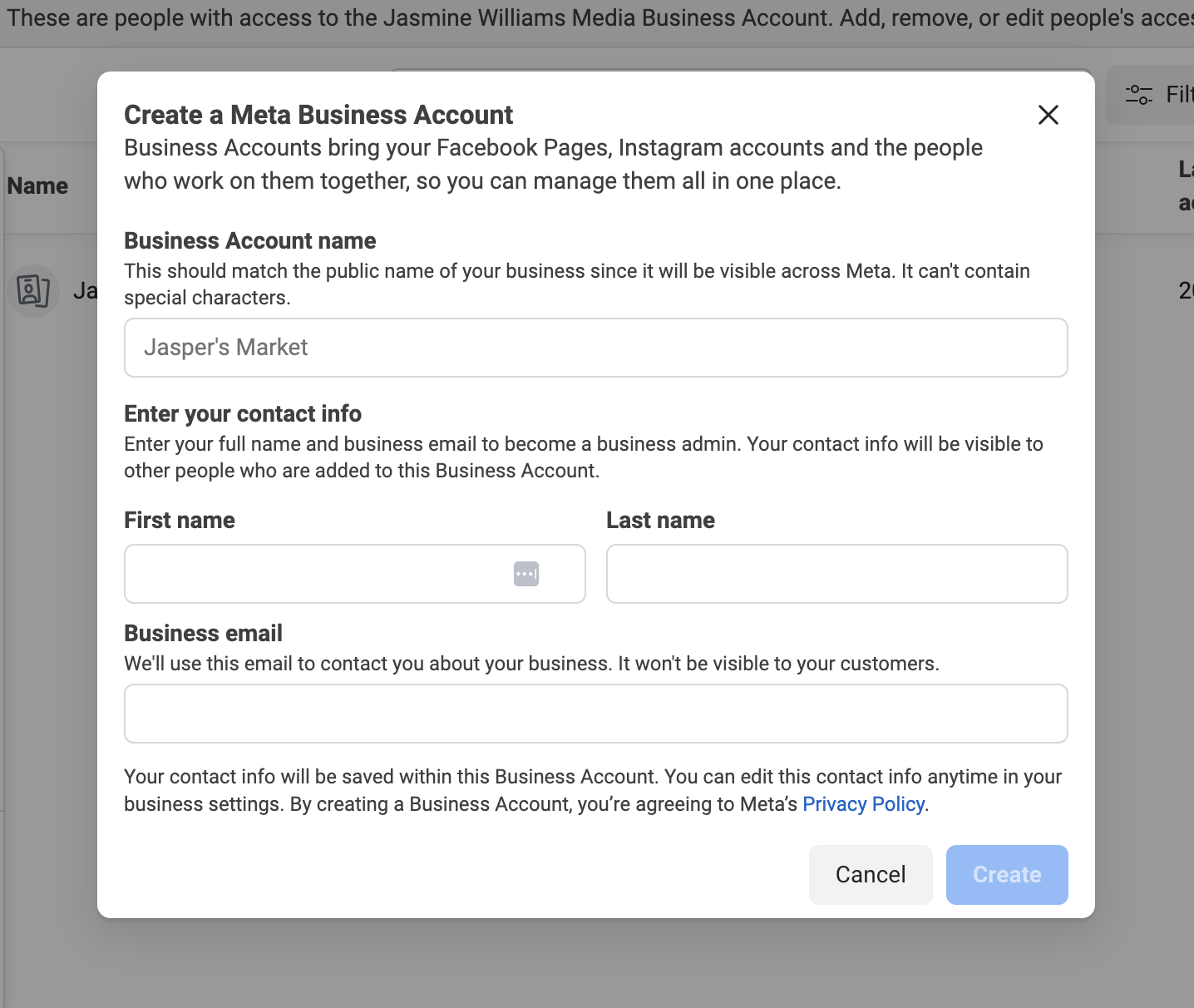 The Create a Meta Business Account screen in Meta Business Suite.