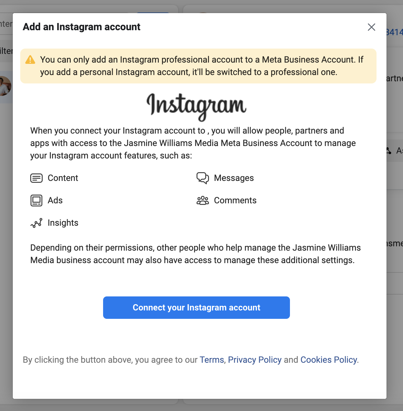 The connect your Instagram account screen in Meta Business Suite