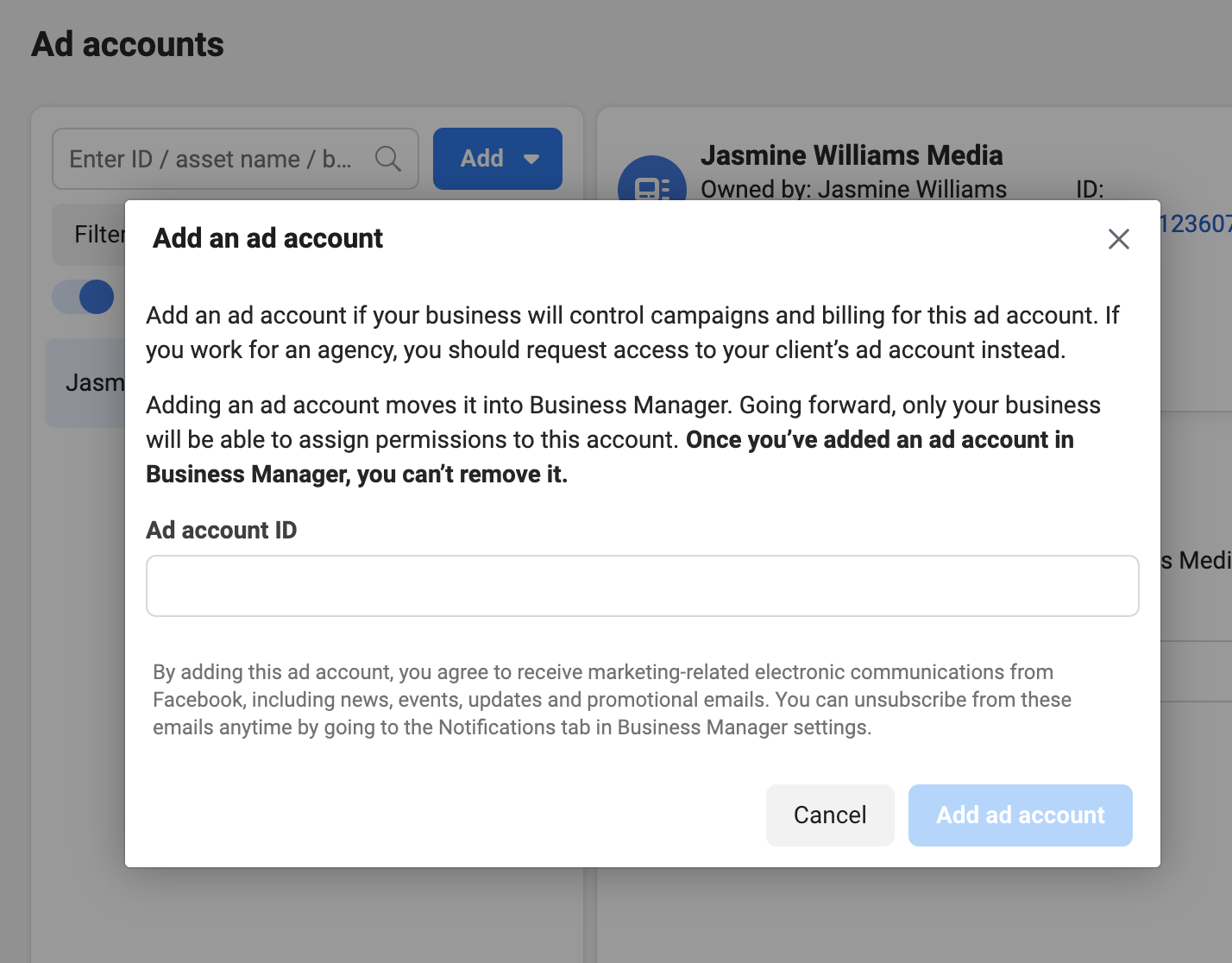 The add an ad account screen in Meta Business Suite