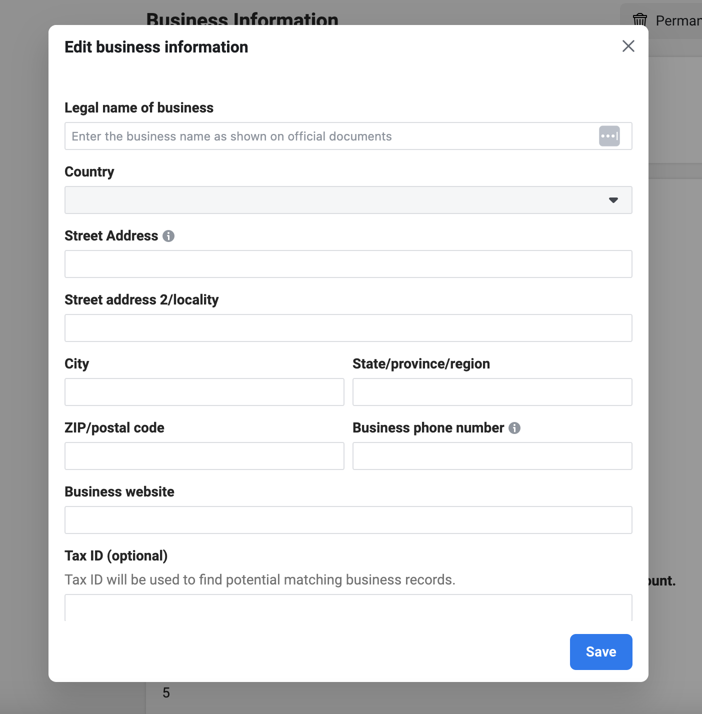 The edit business information screen in Meta Business Suite