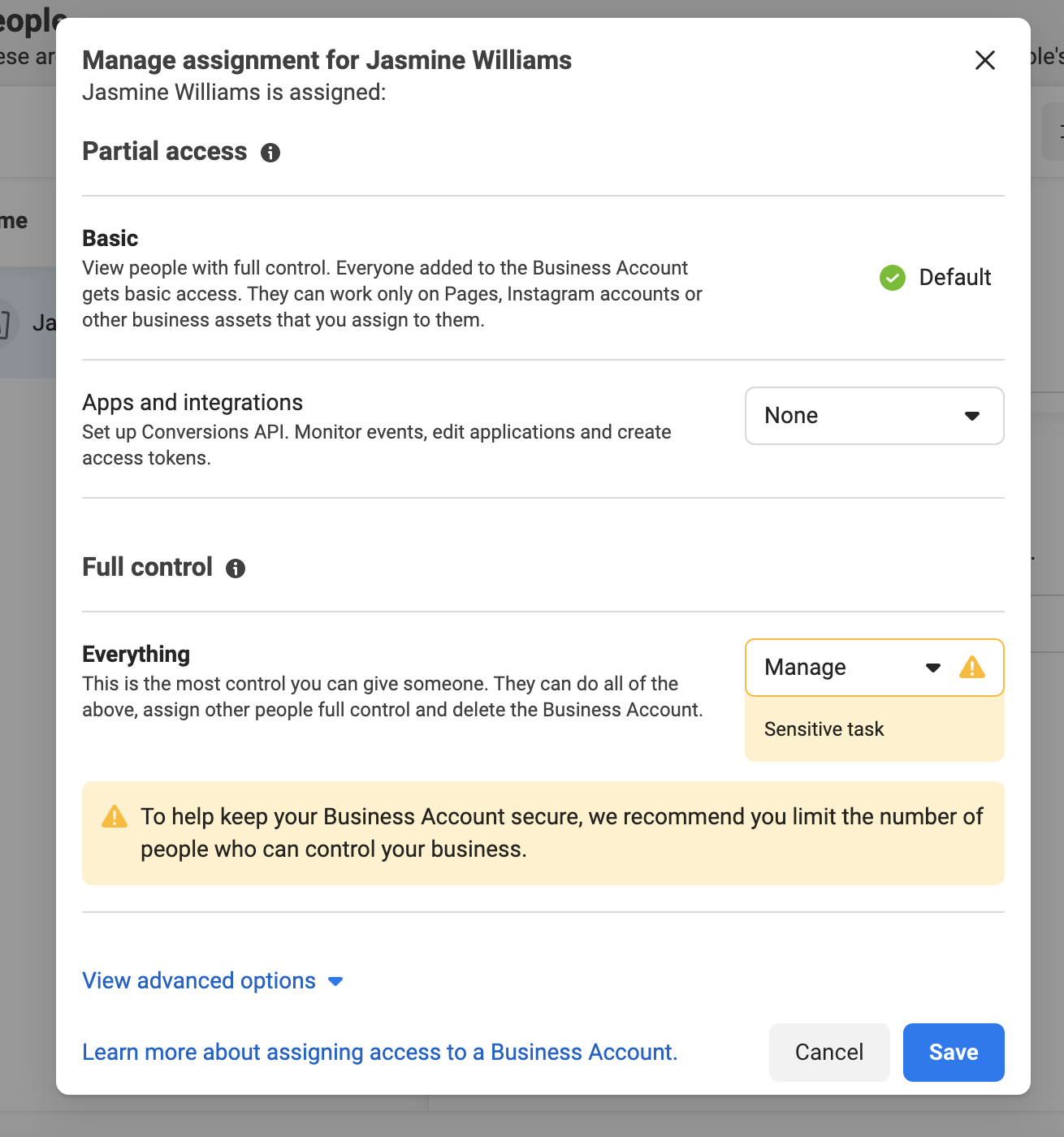 The manage user access screen in Meta Business Suite