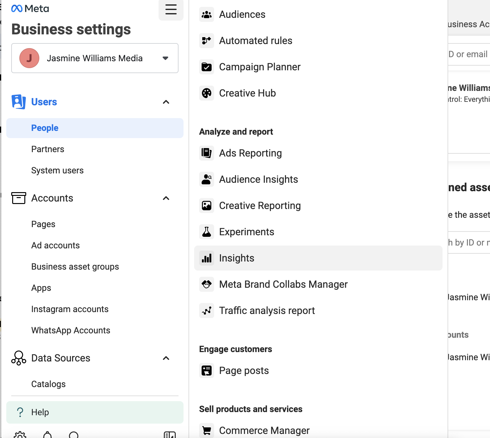 The Insights tab in Meta Business Suite’s Business settings