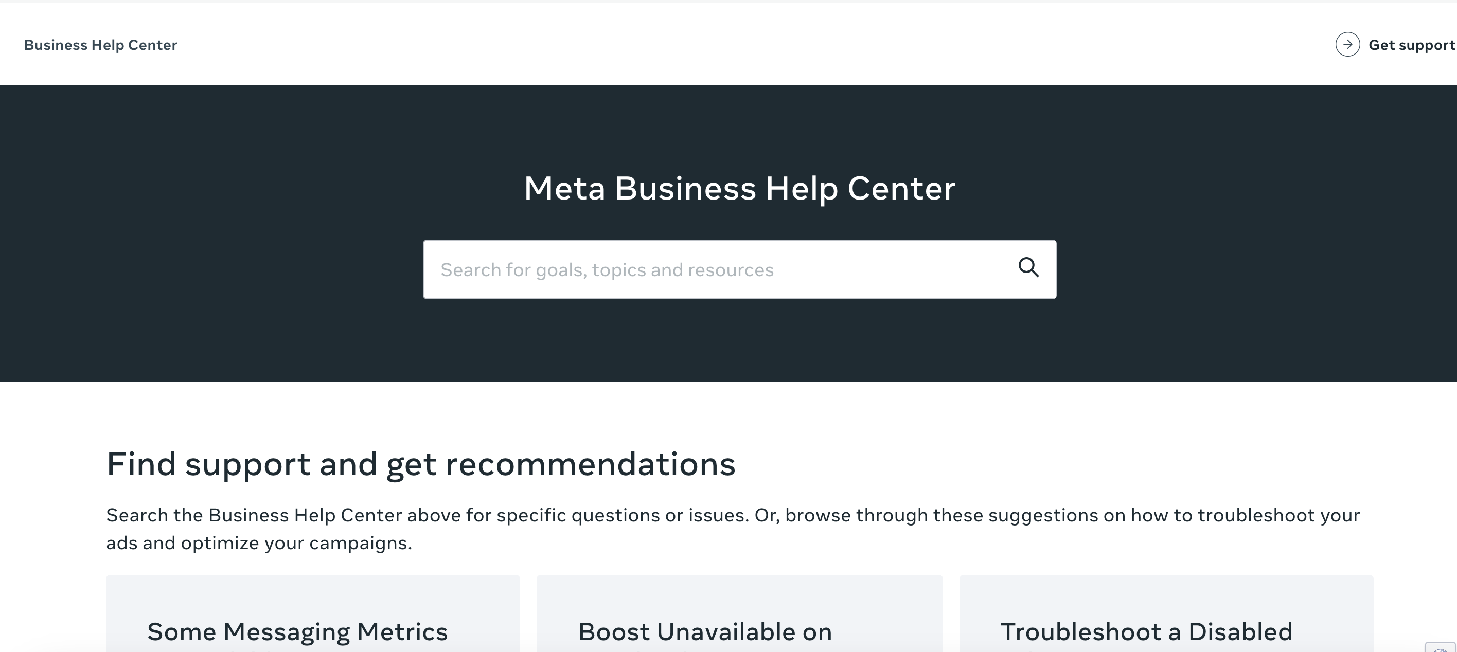 The Meta Business Help Center homepage