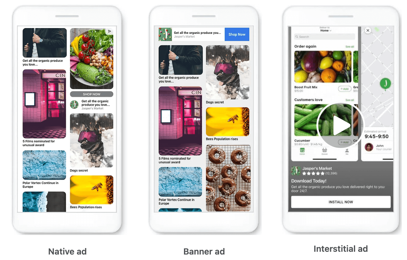 Three examples of Facebook's Audience Network native, banner and interstitial ads displayed on a mobile device.