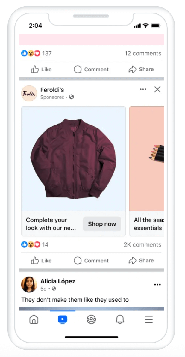 A Facebook carousel ad for Feroldi's displayed on a mobile device.