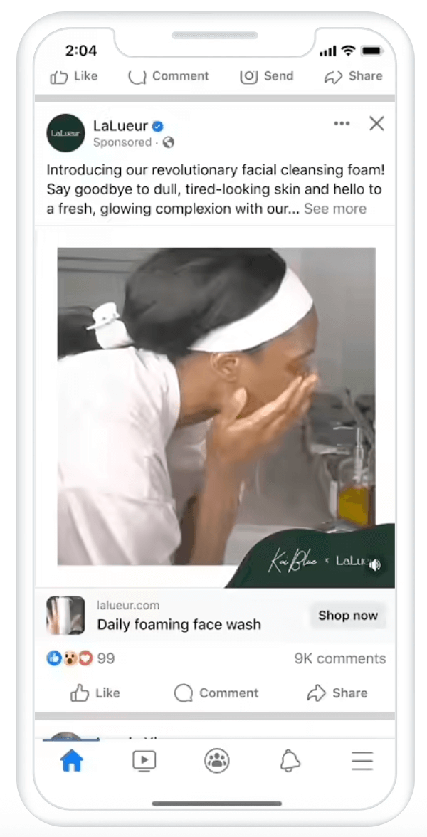 A Facebook in-feed video ad for La Lueur displayed on a mobile device.