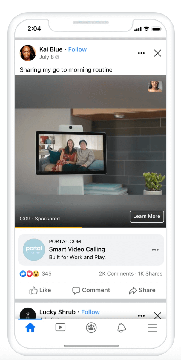 A Facebook in-stream video ad for Portal.com playing during a post shared by Kai Blue displayed on a mobile device.