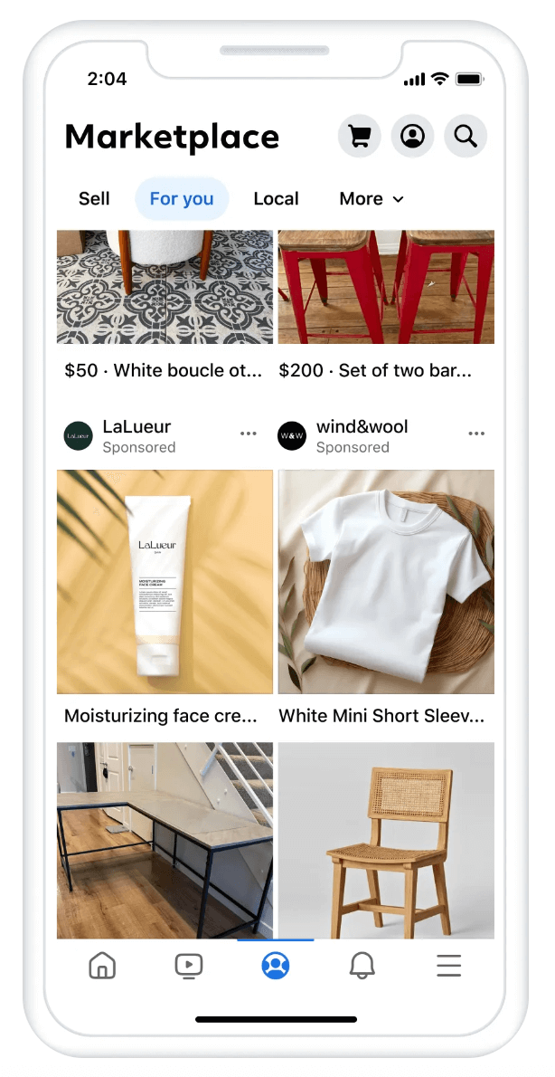 A Facebook Marketplace ad feed displayed on a mobile device.