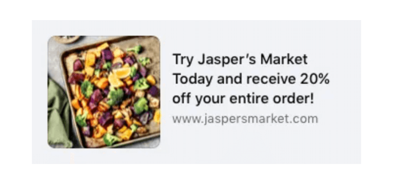 A Facebook right-column ad for Jasper's Market displayed on desktop.