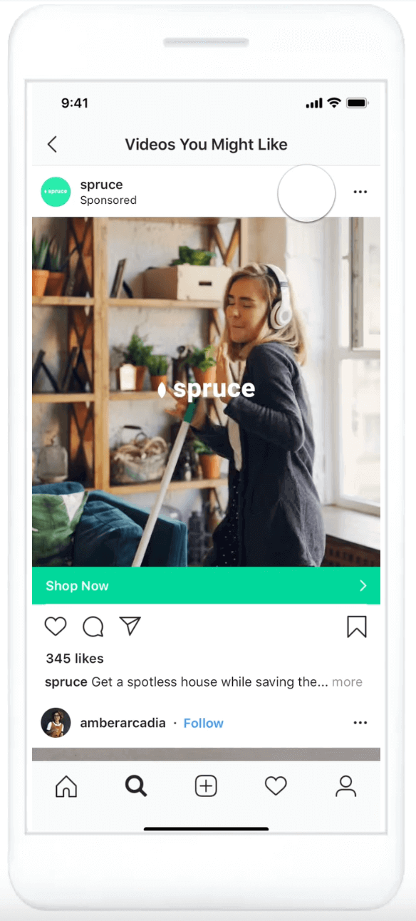 An Instagram Explore video ad displayed on a mobile device.