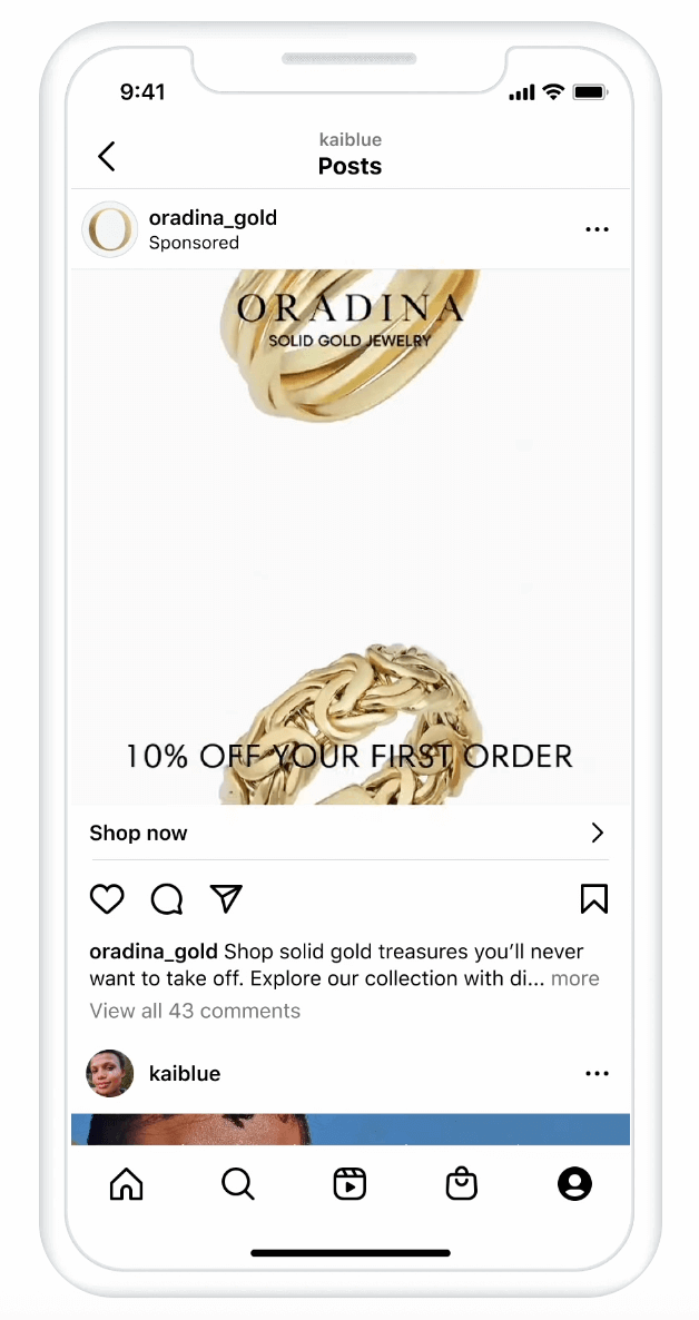 An Instagram profile feed video ad displayed on a mobile device.