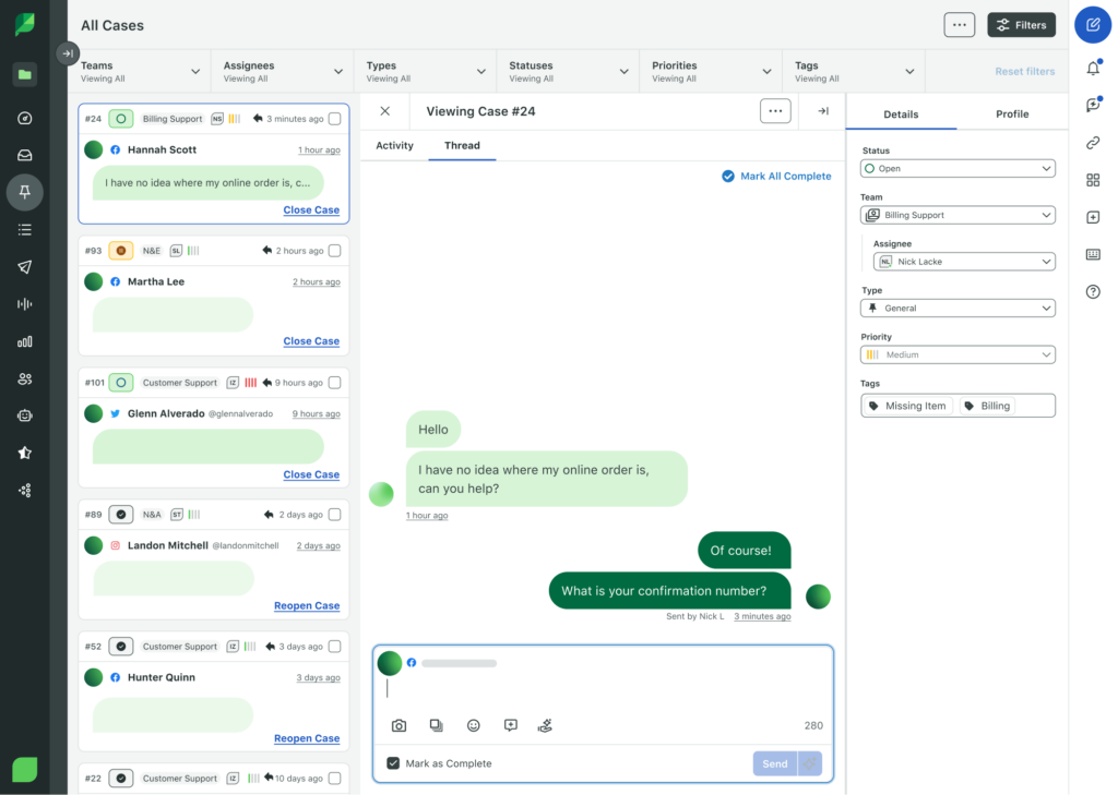 The Case Detail view in Sprout Social. A customer is asking for help with an online order, and an agent responded by requesting their confirmation order. The agent can see previews of five other cases in their queue.