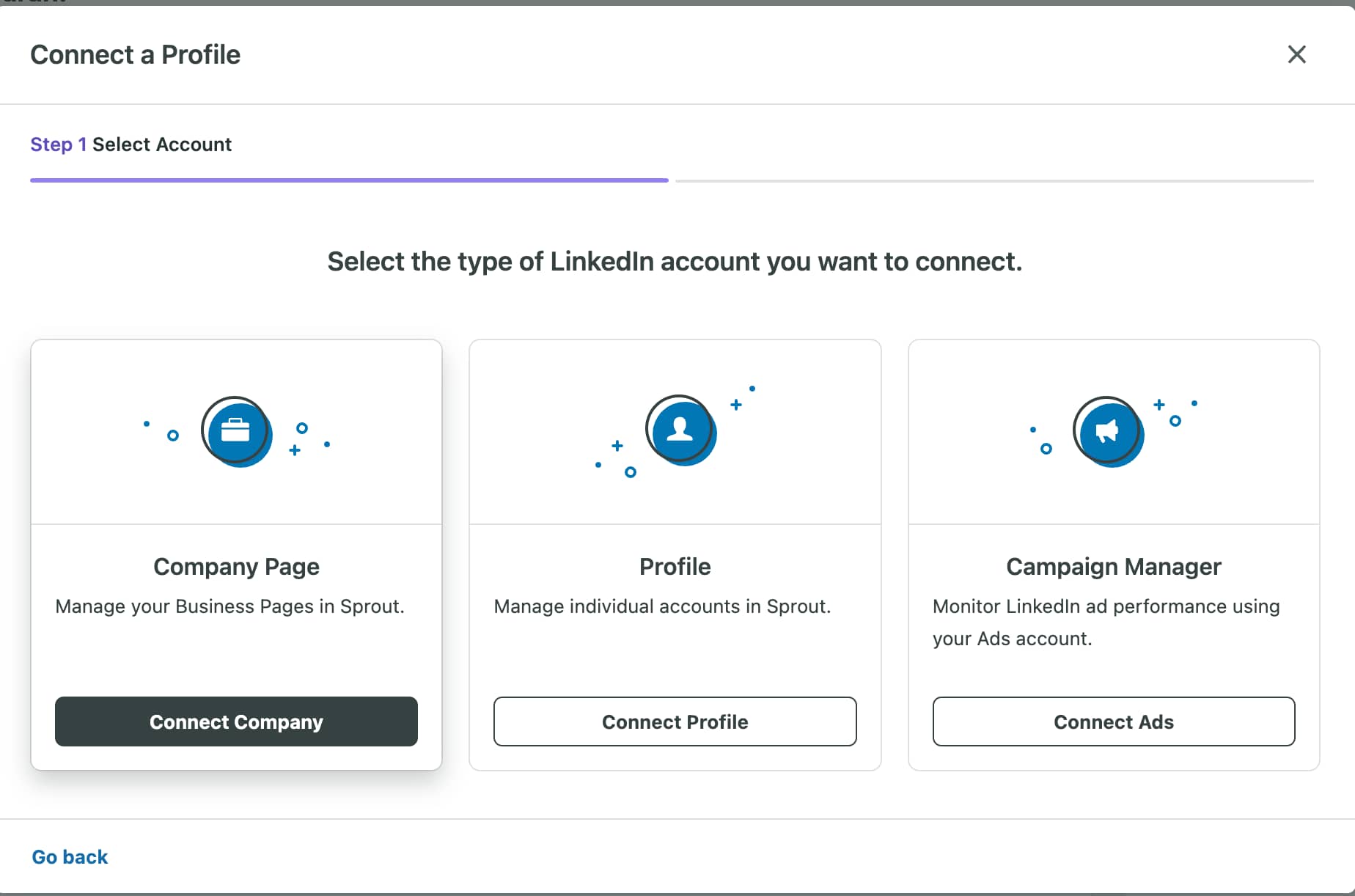 Screen grab of LinkedIn Connect Company Screen in Sprout Social