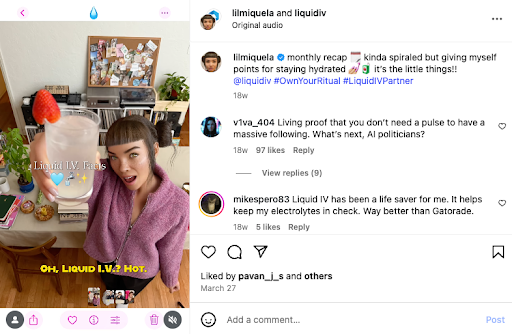 Lil Miquela holding up a glass of LiquidIV and explaining to followers on-screen how she incorporates it into her day.