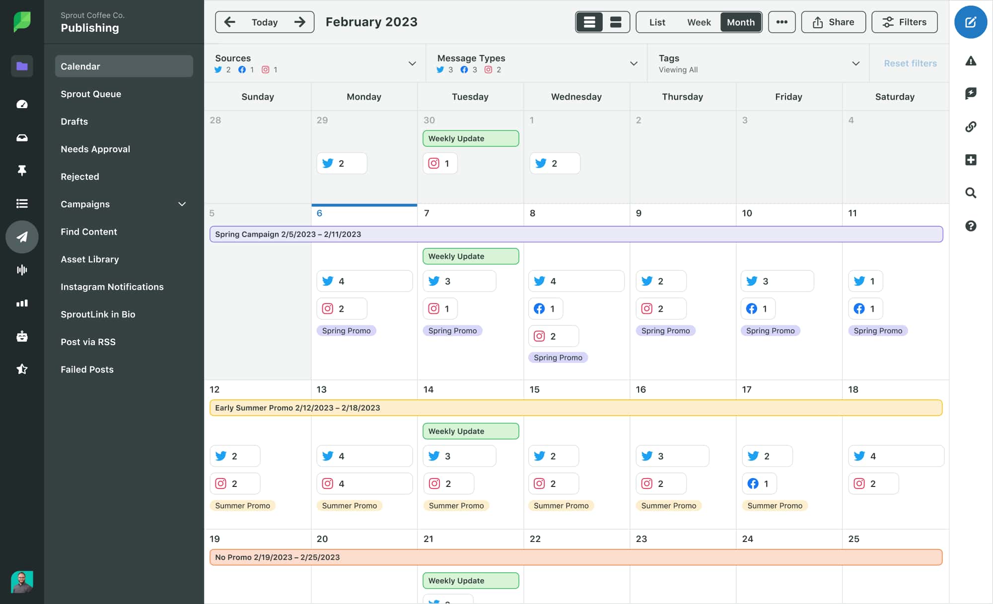 Sprout Social publishing calendar in month view featuring content by social media network, message type, tags and campaigns.
