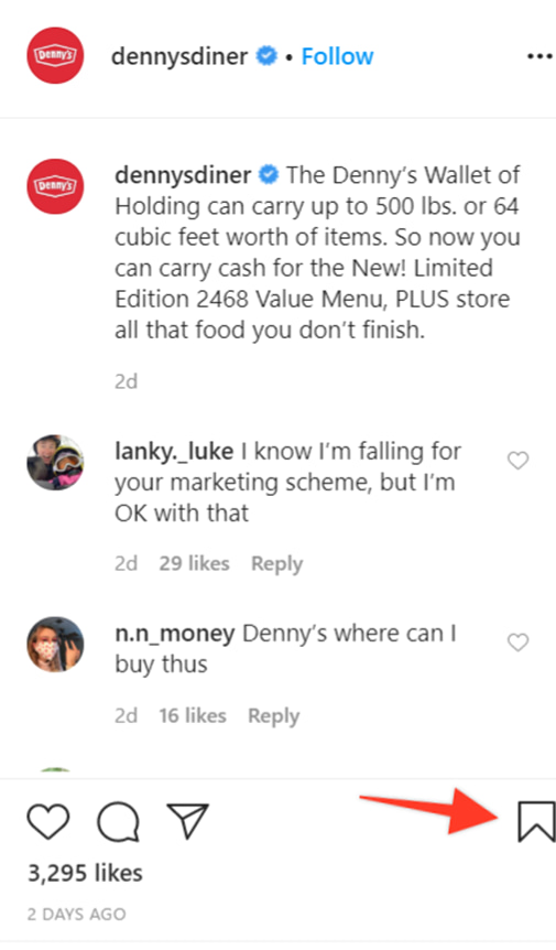 Image of comment section of Denny's Instagram page, with a red arrow pointing to the save button.